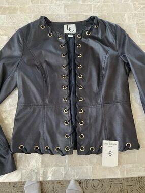 LG Navy Faux Leather Lace-Up Jacket with Gold Eyelets